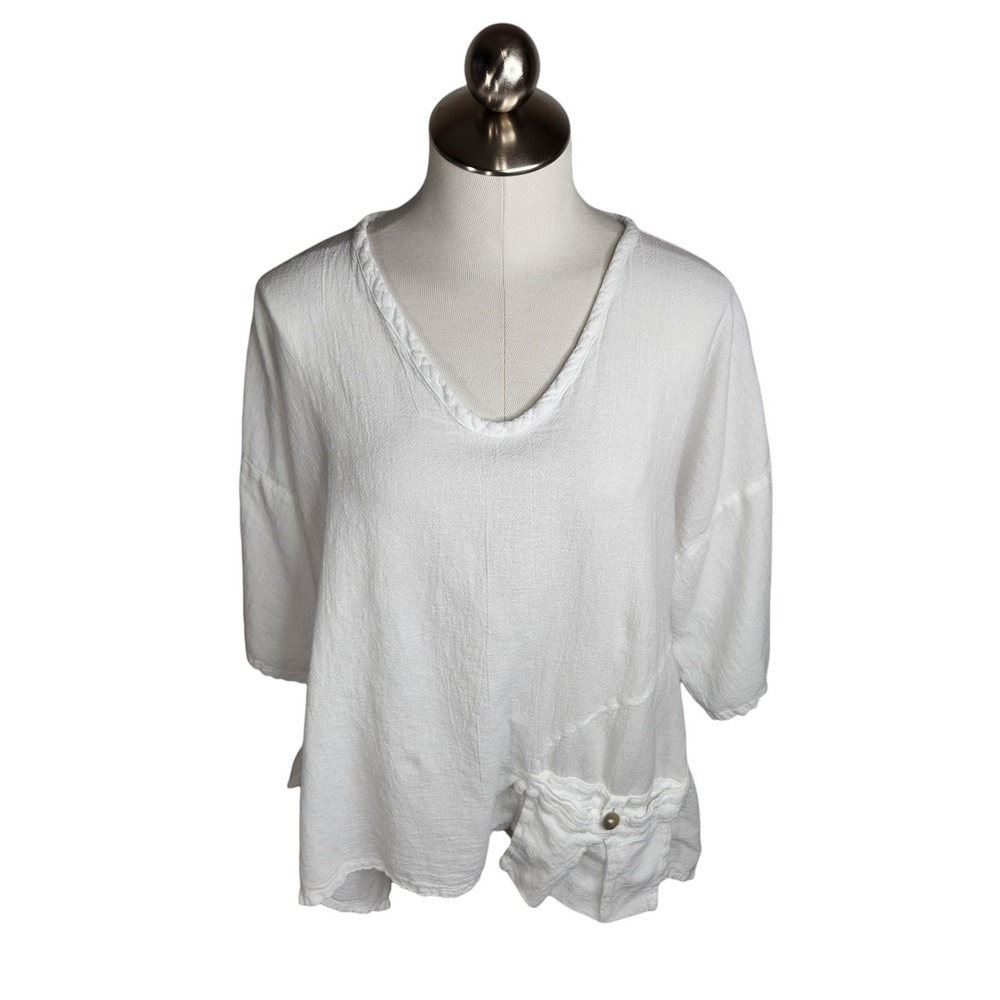 Oh My Gauze Pocket Top Womens O/S White Asymmetric Cotton Lagenlook Artsy Beach